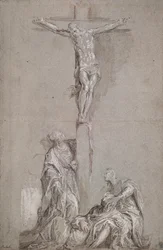 Cristo na cruz (caneta e marrom lavar em papel azul aumentado com branco)